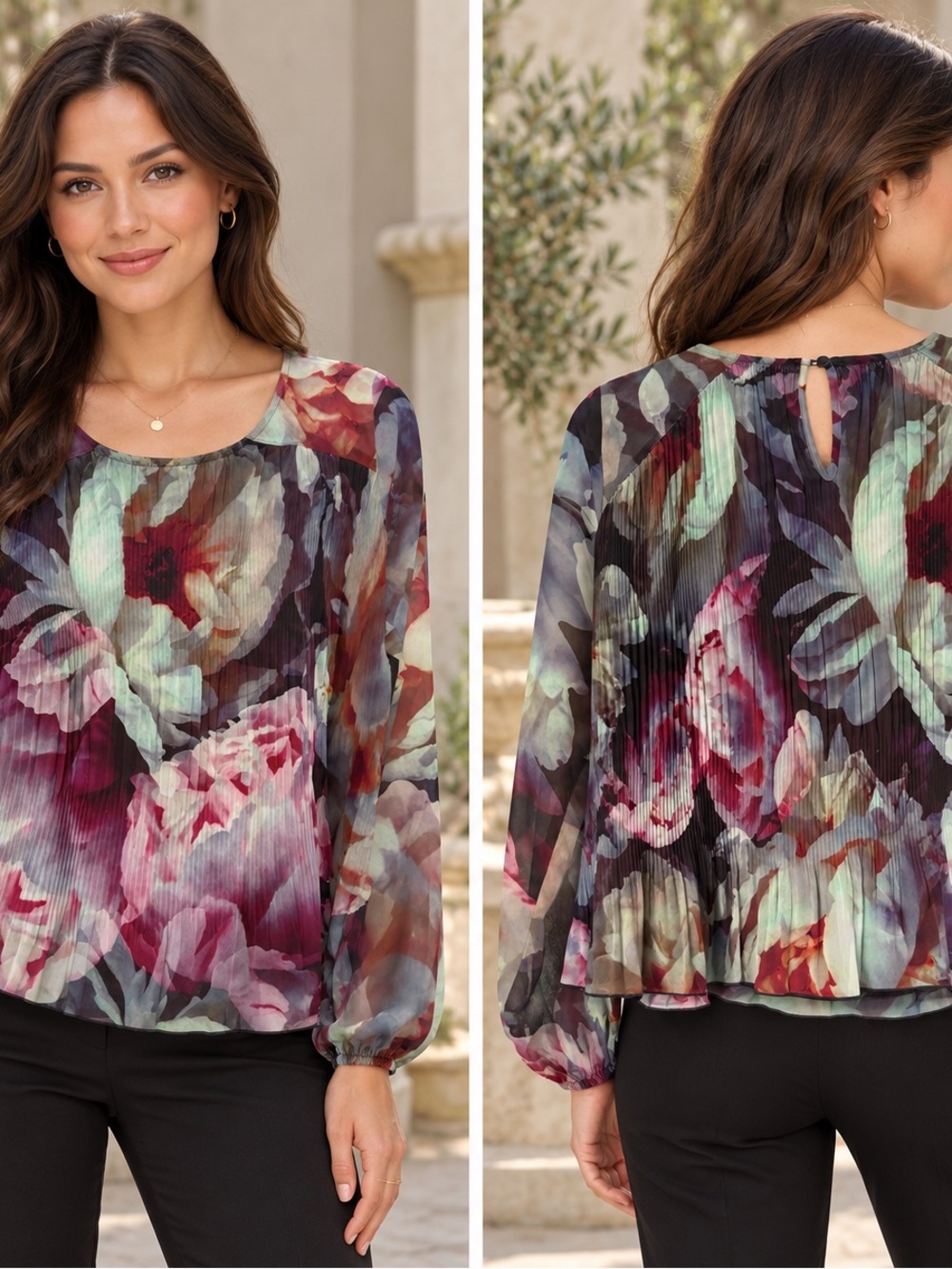 Express Floral Pleated Long Sleeve Blouse – Size Small